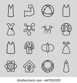 Model icons set. set of 16 model outline icons such as slim, dress, singlet, atom, buying a house, user globe, muscular arm, necklace