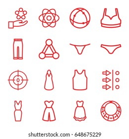 Model icons set. set of 16 model outline icons such as connection, female underwear, sport bra, dress, singlet, woman pants, atom, dna, necklace, atom move