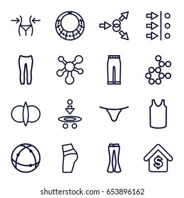Model icons set. set of 16 model outline icons such as slim, female underwear, singlet, woman pants, atom, buying a house, necklace, atom fusion, atom move
