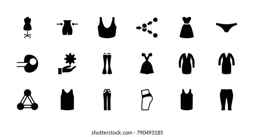 Model icons. set of 18 editable filled model icons: connection, slim, female underwear, sport bra, singlet, dress, woman pants, booty fitness, core, mannequin, atom move