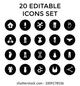 Model icons. set of 20 editable filled model icons such as connection, mannequin, sport bra, dress, woman pants, booty fitness. best quality model elements in trendy style.