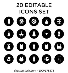 Model icons. set of 20 editable filled model icons such as female underwear, singlet, woman pants, atom, atom move, dna, core. best quality model elements in trendy style.