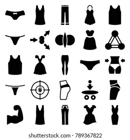 Model icons. set of 25 editable filled model icons such as connection, female underwear, singlet, woman pants, dress, booty fitness, atom fusion, atom move, atom, dna