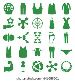 Model icons set. set of 25 model filled icons such as slim, mannequin, female underwear, sport bra, dress, singlet, woman pants, atom, dna, muscular arm, user globe, necklace
