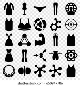 Model icons set. set of 25 model filled icons such as connection, slim, mannequin, female underwear, sport bra, singlet, dress, woman pants, atom, dna, muscular arm