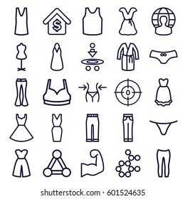 model icons set. Set of 25 model outline icons such as connection, slim, mannequin, female underwear, sport bra, dress, singlet, woman pants, dna, buying a house, user globe