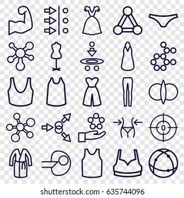Model icons set. set of 25 model outline icons such as connection, slim, mannequin, female underwear, sport bra, dress, singlet, woman pants, atom, dna, muscular arm
