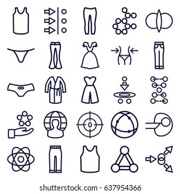 Model icons set. set of 25 model outline icons such as connection, slim, female underwear, singlet, dress, woman pants, atom, dna, user globe, atom fusion