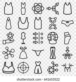 Model icons set. set of 25 model outline icons such as slim, mannequin, female underwear, sport bra, dress, singlet, woman pants, dna, user globe, atom, atom move