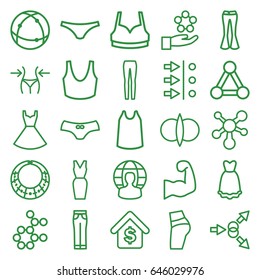 Model icons set. set of 25 model outline icons such as connection, slim, female underwear, sport bra, singlet, woman pants, dress, atom, buying a house, user globe
