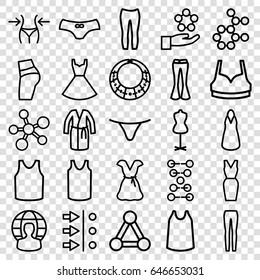 Model icons set. set of 25 model outline icons such as connection, slim, mannequin, female underwear, sport bra, dress, singlet, woman pants, user globe, necklace, atom move