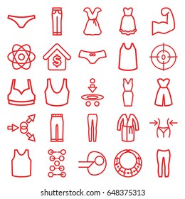 Model icons set. set of 25 model outline icons such as slim, female underwear, sport bra, singlet, dress, woman pants, dna, buying a house, muscular arm, necklace, atom