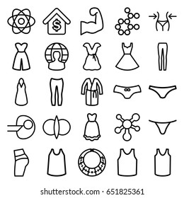 Model icons set. set of 25 model outline icons such as slim, female underwear, dress, singlet, woman pants, buying a house, user globe, atom, muscular arm, necklace