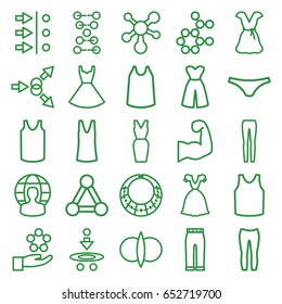 Model icons set. set of 25 model outline icons such as connection, female underwear, singlet, woman pants, dress, user globe, atom, muscular arm, necklace, atom fusion