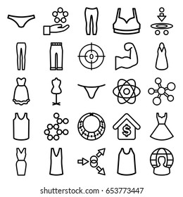 Model icons set. set of 25 model outline icons such as mannequin, female underwear, sport bra, dress, singlet, woman pants, dna, buying a house, user globe, muscular arm