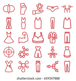 Model icons set. set of 25 model outline icons such as slim, female underwear, sport bra, singlet, dress, woman pants, dna, atom, muscular arm, atom fusion