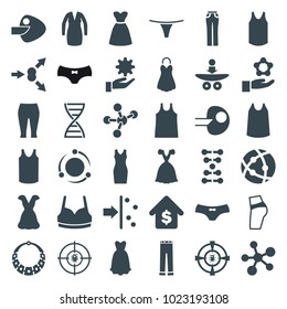 Model icons. set of 36 editable filled model icons such as female underwear, sport bra, singlet, woman pants, dress, booty fitness, atom move, dna, core, atom, atom in hand
