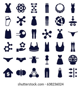 Model icons set. set of 36 model filled icons such as connection, slim, mannequin, female underwear, sport bra, dress, singlet, woman pants, atom, buying a house, user globe