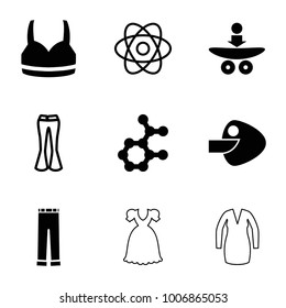 Model icons. set of 9 editable filled and outline model icons such as atom, woman pants, sport bra, dress