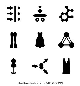 model icons set. Set of 9 model filled icons such as connection, mannequin, singlet, woman pants, dress, atom move