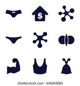 Model icons set. set of 9 model filled icons such as female underwear, sport bra, dress, buying a house, muscular arm, atom