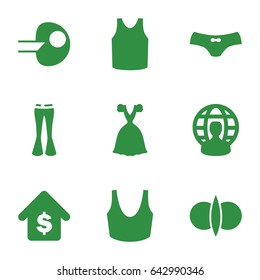 Model icons set. set of 9 model filled icons such as female underwear, sport bra, singlet, woman pants, dress, buying a house, user globe, atom fusion