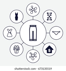 Model icons set. set of 9 model filled and outline icons such as dress, buying a house, dna, female underwear, woman pants