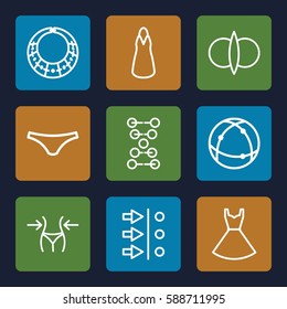 model icons set. Set of 9 model outline icons such as slim, female underwear, dress, atom, necklace, atom fusion, atom move