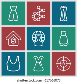 Model icons set. set of 9 model outline icons such as sport bra, woman pants, dress, dna, buying a house, user globe