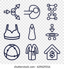 Model icons set. set of 9 model outline icons such as sport bra, dress, atom, buying a house, atom move, dna