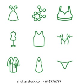 Model icons set. set of 9 model outline icons such as slim, mannequin, female underwear, sport bra, dress, singlet