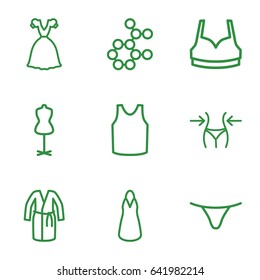Model icons set. set of 9 model outline icons such as slim, mannequin, female underwear, sport bra, dress, singlet