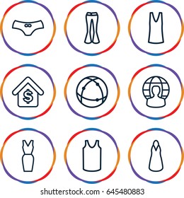 Model icons set. set of 9 model outline icons such as female underwear, dress, singlet, woman pants, atom, buying a house