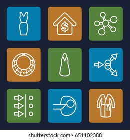 Model icons set. set of 9 model outline icons such as dress, buying a house, necklace, atom move, core