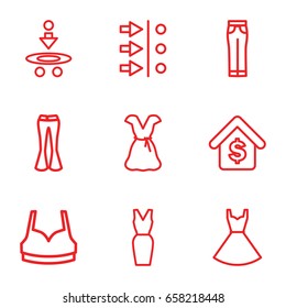Model icons set. set of 9 model outline icons such as sport bra, woman pants, dress, buying a house, atom move
