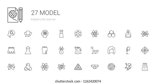 model icons set. Collection of model with atoms, panties, nuclear, atom, molecule, wig, molecules, dress, skirt, wedding dress, modeling, crowdfunding. Editable and scalable model icons.