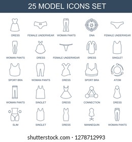 model icons. Trendy 25 model icons. Contain icons such as dress, female underwear, woman pants, dna, singlet, sport bra, atom, connection, slim. model icon for web and mobile.
