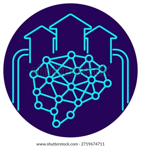 Model Inference Icon. Minimalistic neon outline on a dark blue round background. A stylish vector illustration of an AI neural network with three upward arrows, symbolizing the process of obtaining predictions, result generation, smart data flow, and using a trained machine learning model for output