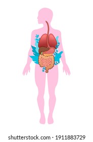 modelo de órganos internos sobre la silueta del póster de concepto vertical del cuerpo humano sobre un fondo blanco de ilustración vectorial de las hojas de la microflora corporal.