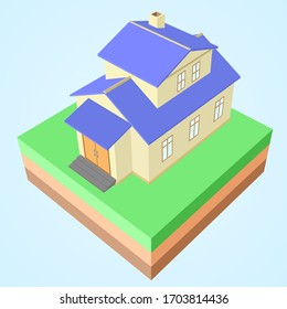 Model Isometric house 3D. style with the ground.

