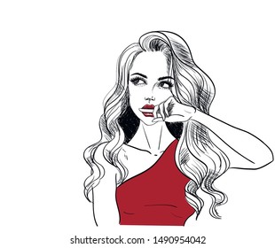 model looking up with finger in the lips