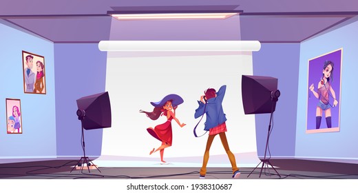 Model and man with camera in photography studio