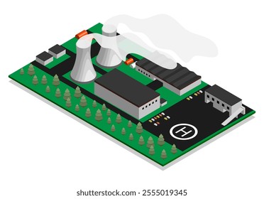 Model of modern nuclear power plant, processing and storage of electricity. Organization of buildings, cooling towers, energy storage on territory. Isometric 3D vector isolated on white background