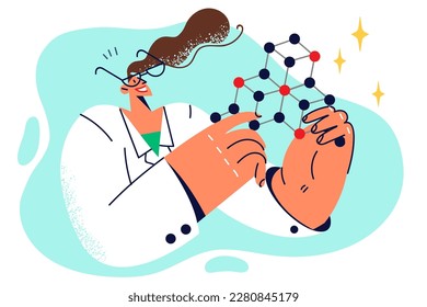 Model of molecular structure of substance in hands of woman scientist engaged in research in field genetics. Female laboratory assistant in white coat is experimenting with molecular structure of DNA 