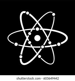 The model of a molecule atom symbol isolated on black background. Design illustration