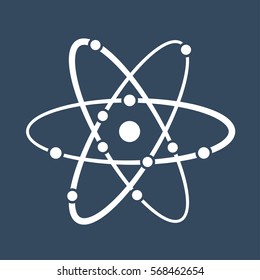 The model of a molecule atom symbol on blue background. Design illustration