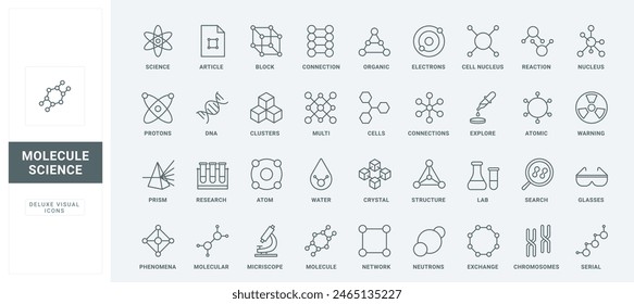 Model of molecule with chains and atoms network, particles thin black and red outline symbols, vector illustration. Molecular structure in scientific physics and chemistry research line icons set