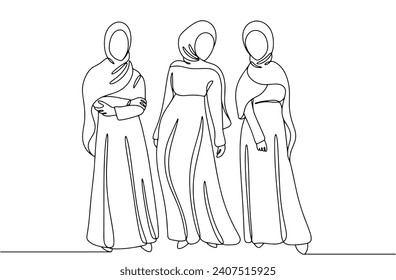 Model in Muslim attire. Long dress and covered head. Three women in hijabs. Features of Islamic culture. World Hijab Day. Images produced without the use of any form of AI software at any stage. 