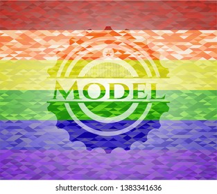Model on mosaic background with the colors of the LGBT flag