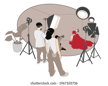 Model photoshoot. Fashion illustration. Couture vector illustration. Professional photographer shooting models. The female model poses for the camera while being directed by the Creative Director